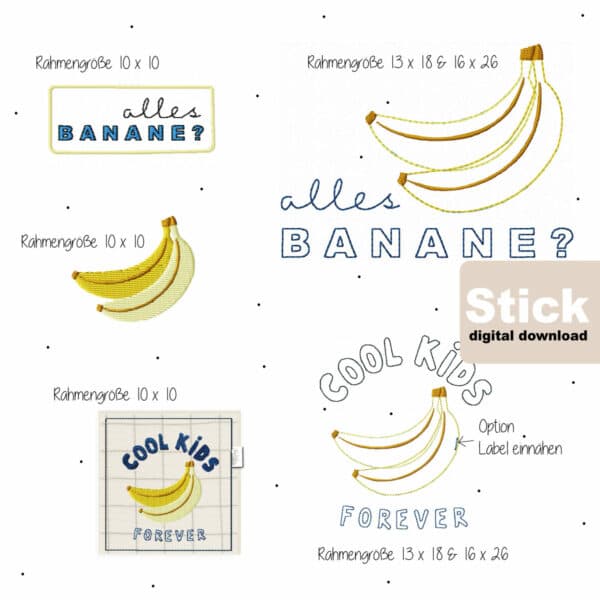 alle Banane, stickdatei, xaxeludesign, cool kids,