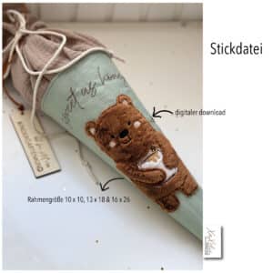„Stickdatei süßer Bär mit Honigtopf und Bienen – Motiv für Kindertextilien“