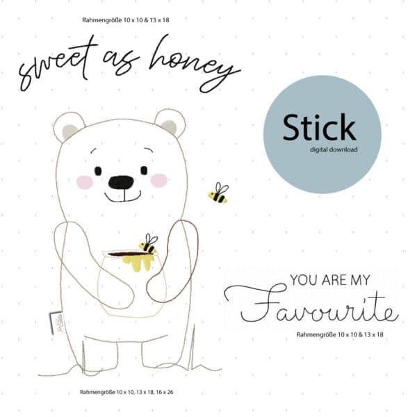 Niedliche Stickdatei „Sweet as Honey“ mit Bär, Honigtopf & Bienen – perfekt für kreative Näh- und Stickprojekte in 10x10, 13x18 & 16x26 cm. xaxeludesign digital download