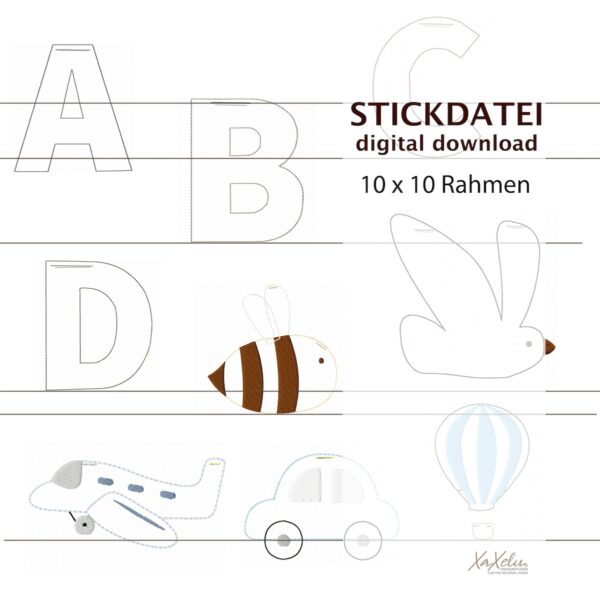Stickdatei 10x10 Rahmen – ABC Namensgirlande / Namenskette mit Extra-Motiven – Bild 2
