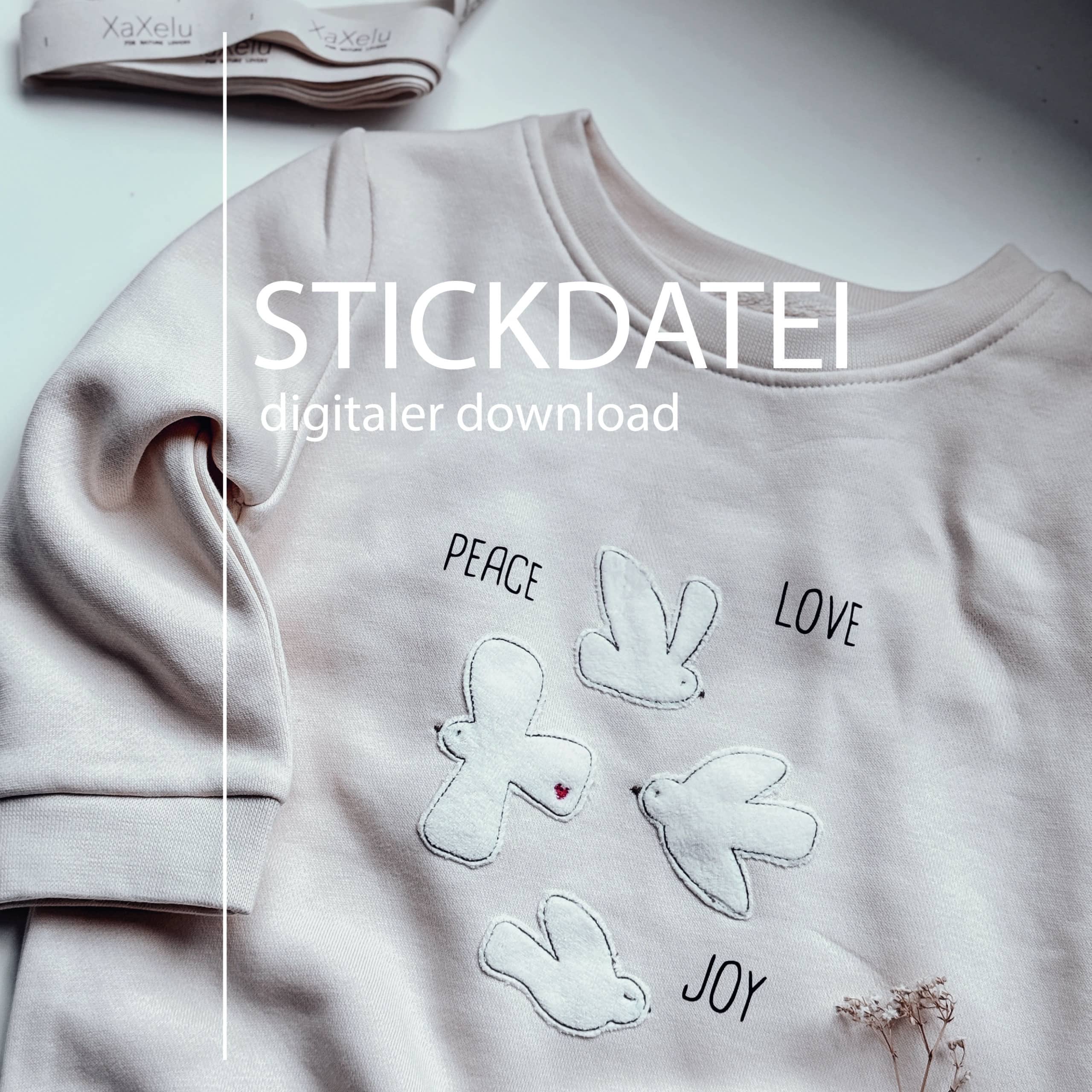 Zarte Stickdatei „Peace Love Joy“ mit Vögeln und Schriftzügen. Für Rahmen von 10x10 bis 16x26 cm. Ideal für Kleidung, Accessoires & Deko.