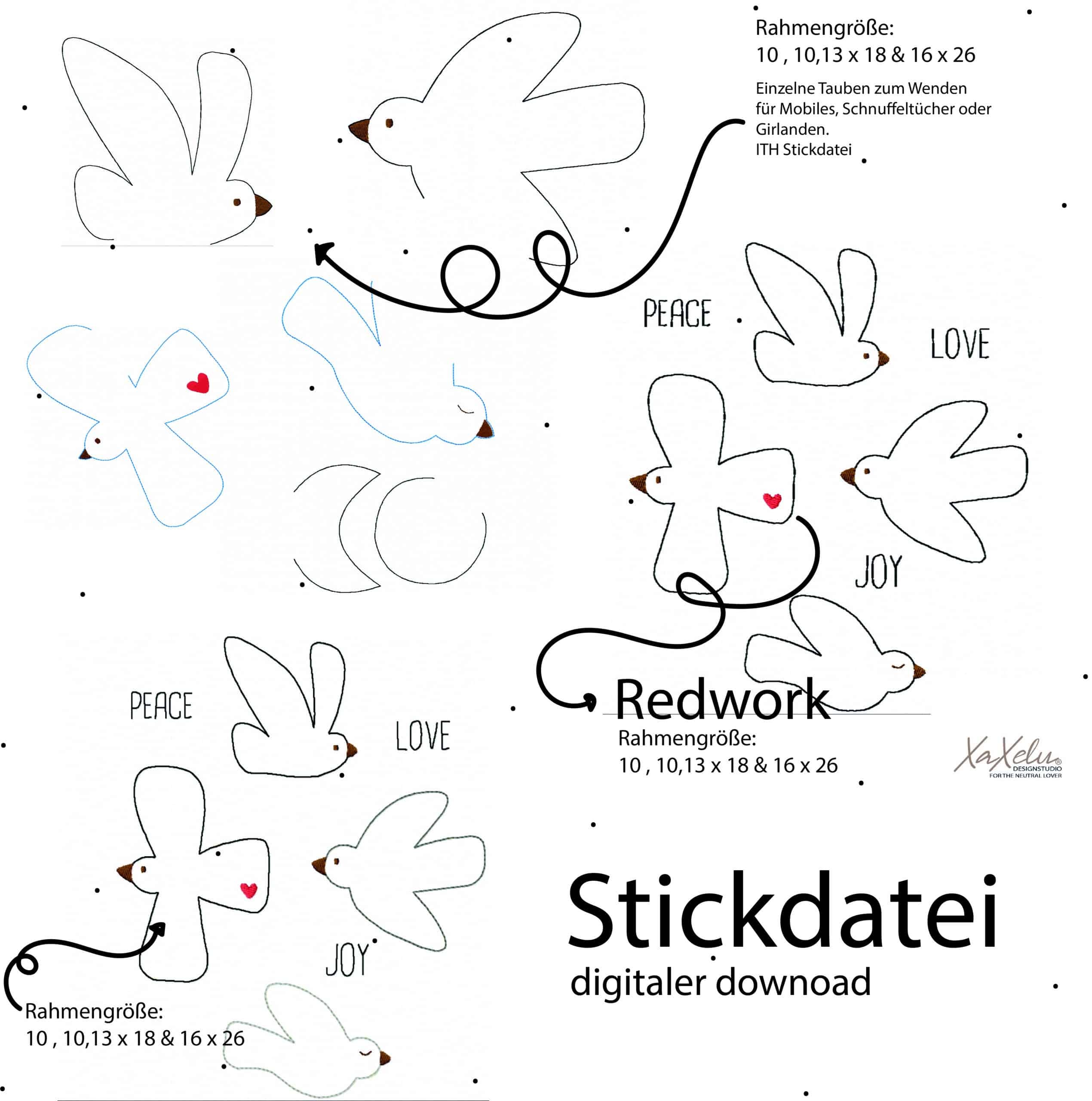 Zarte Stickdatei „Peace Love Joy“ mit Vögeln und Schriftzügen. Für Rahmen von 10x10 bis 16x26 cm. Ideal für Kleidung, Accessoires & Deko.