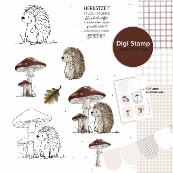 DigiStamp, Igel Lutz, Herbst, Digitaler Download, PDF Vorlage, Bastelidee, DIY Herbstdeko, Digitaler Stempel, Kartenbasteln, Wimpelkette, Herbstzeit, Niedliche Tiere, Kreativprojekt xaxelu
