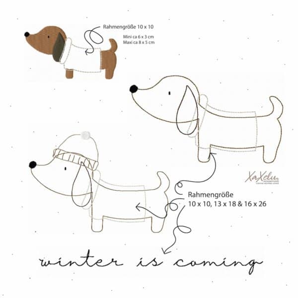 Stickdatei, Dackel, Hund, Winter, Herbst, 3D-Ohren, Skateboard, Lineart, DIY, Handmade, Stickmuster, Embroidery, XaXelu, Geschenkidee, Goodie, Premium Stickdatei