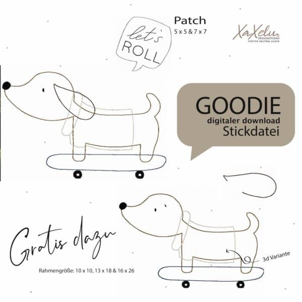 Winnie Frost Stickdatei – süßer Dackel mit Skateboard & Gratis Goodie